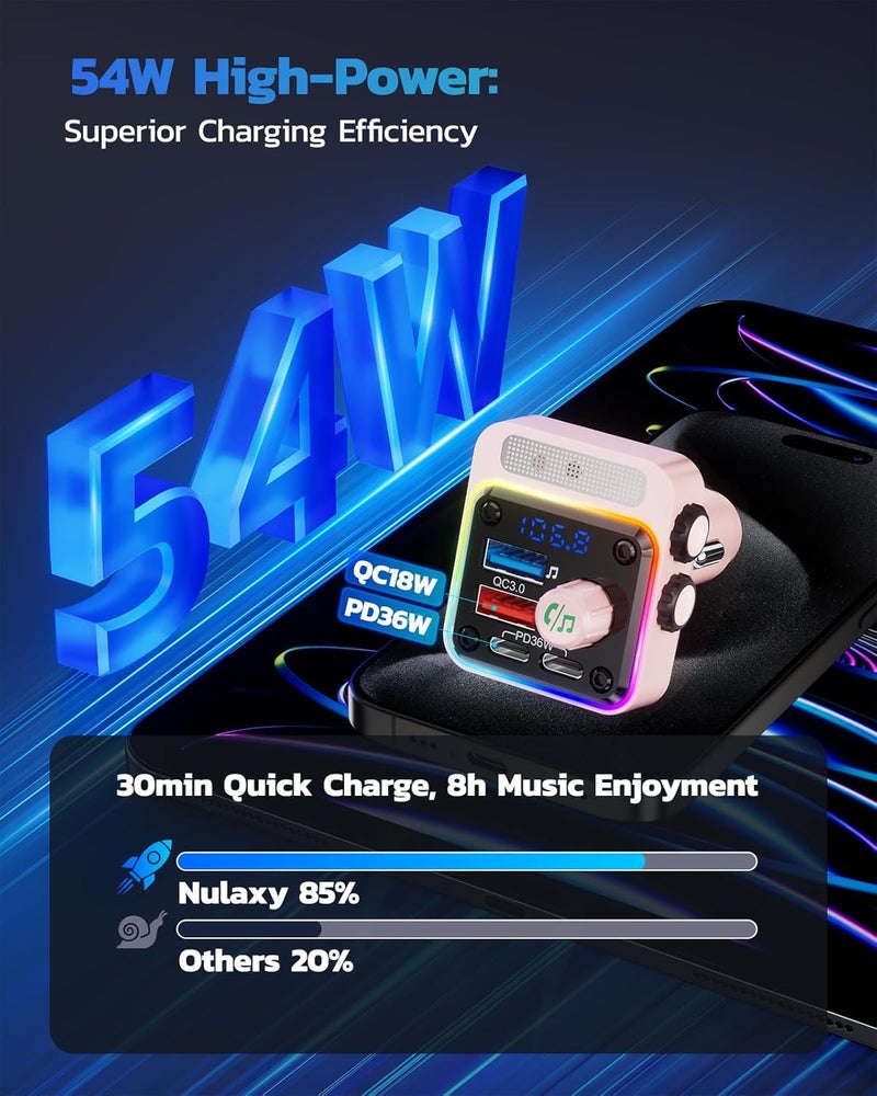 nulaxy 54W Bluetooth 5.3 Car Adapter with 4 Charging Ports [PD 36W & QC3.0 18W], Wireless Radio FM Transmitter with Deep Bass Player & 5 Colors LED Backlit, Hands-Free Calling - Pink - Image 2
